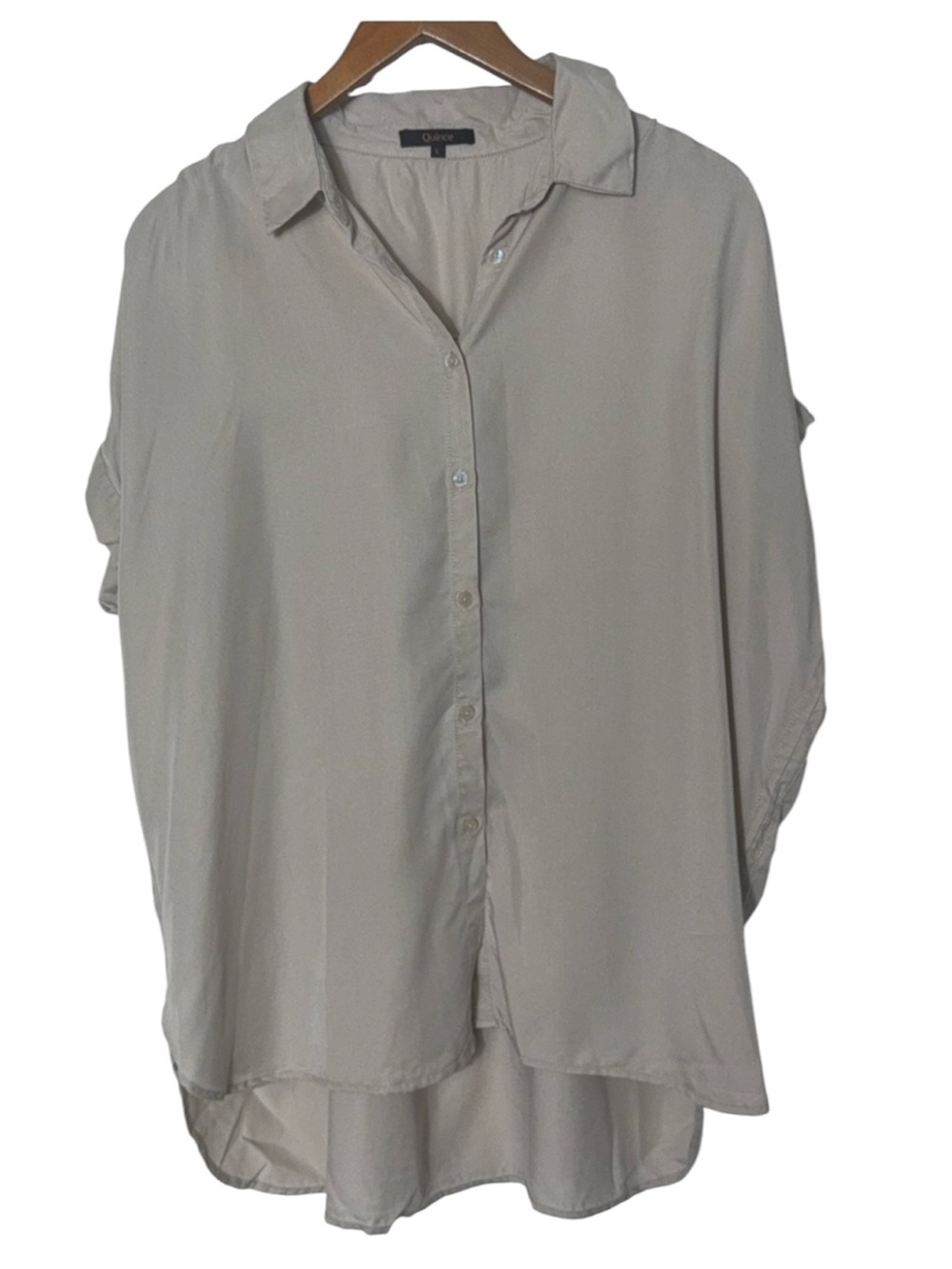 Quince Tunic Shirt Button Front Tencel Lyocell Beige Large